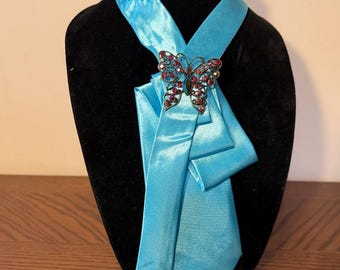 Handmade Refashioned Neckwear - Turquoise Tie with a Multicolored Butterfy Crystal Brooch