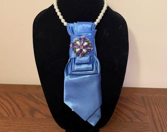 Refashioned Blue Tie Necklace with a Multicolor Brooch - Handmade Neckwear
