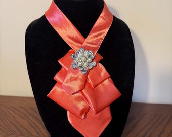 Refashioned Coral Tie with a pearl brooch - Handmade Neckwear