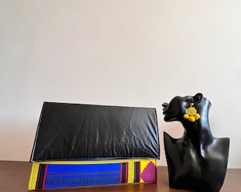 Handmade Ankara Clutch: Black Faux Leather, Magnetic Closure