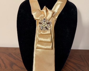Refashioned Champagne Gold Tie with Crystal Brooch - Handmade Neckwear