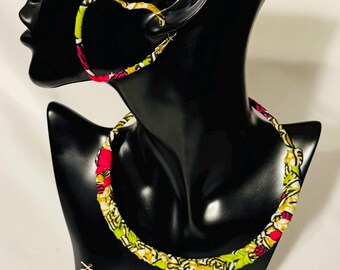 Ankara Fabric Wrapped Earrings and Necklace Set