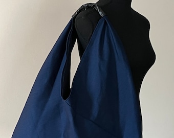 Handmade Origami Tote Bag: Navy Cotton with Black Faux Leather Handle