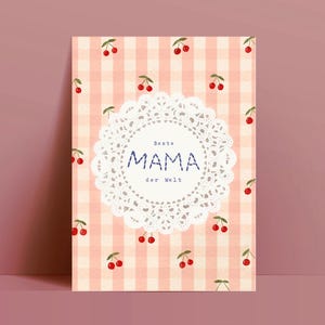 Karte Muttertag Beste Mama der Welt / Retro Vichy Karo Kirschen / Recyclingpapier