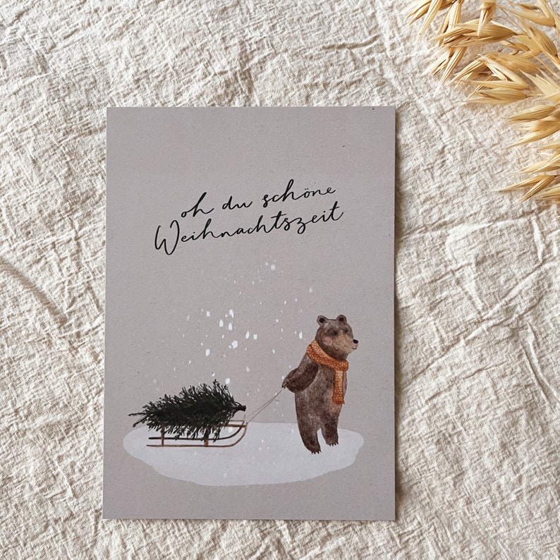 Weihnachtskarte Bär mit Weihnachtsbaum / Aquarell Lettering / Nachhaltige Postkarte Grußkarte Bild 6