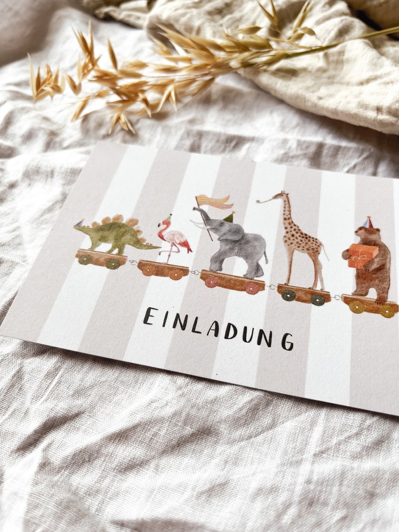 Einladung Kindergeburtstag / Karten Set Tiere Geburtstagsparty / natürliche Farben, nachhaltig, Recyclingpapier zdjęcie 3