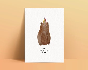 Carte d'anniversaire ours aquarelle carte de voeux ours brun rêveur avec chapeau de fête je vous souhaite quelque chose