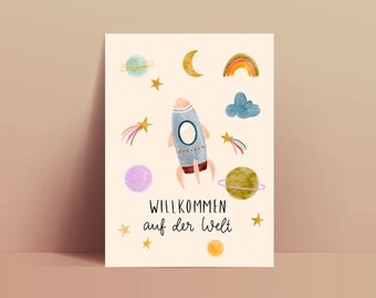 Karte zur Geburt / Baby Universum Willkommen auf der Welt / Regenbogenbaby