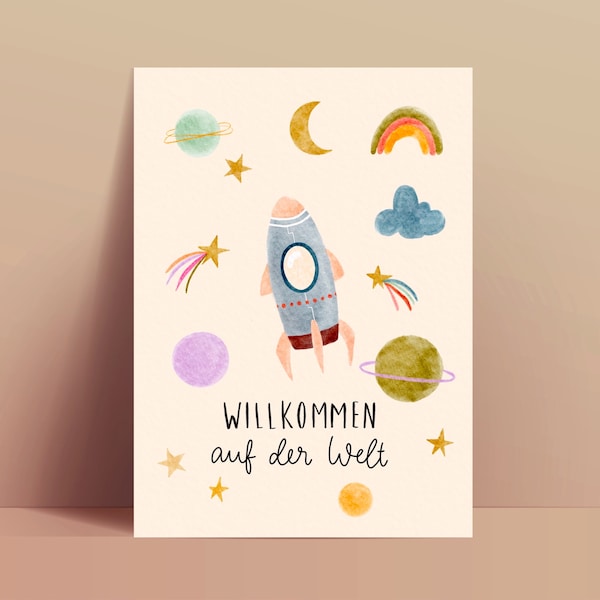 Tarjeta de anuncio de nacimiento / Bebé Universo Bienvenido al mundo / Bebé arcoiris