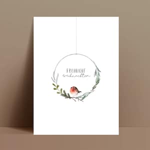 Weihnachtskarte Kranz Fröhliche Weihnachten Rotkehlchen / minimalistisch / Tannenzweig / Nachhaltige Postkarte Grußkarte Bild 1