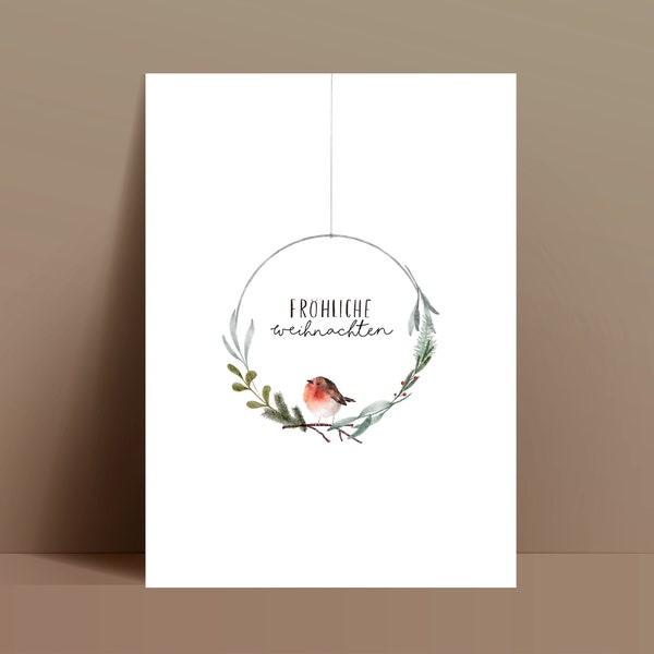 Christmas card wreath Merry Christmas robin / minimalist / fir branch / sustainable postcard greeting card