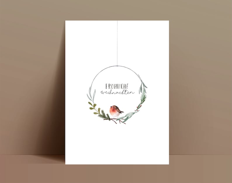 Weihnachtskarte Kranz Fröhliche Weihnachten Rotkehlchen / minimalistisch / Tannenzweig / Nachhaltige Postkarte Grußkarte Bild 1