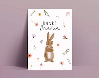 Carte fête des mères / aquarelle lapin fleurs merci maman / papier recyclé