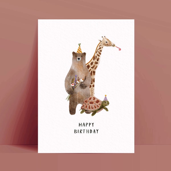 Karte zum Geburtstag / Happy Birthday Aquarell Party Tiere Illustration / natürliche Farben, nachhaltig, Recyclingpapier
