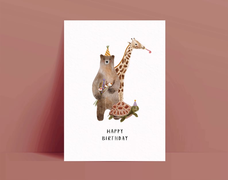 Carte d'anniversaire / Joyeux anniversaire aquarelle fêtards illustration / couleurs naturelles, papier durable et recyclé image 1