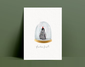 Weihnachtskarte Pinguin Schneekugel / Frohes Fest / nachhaltige Postkarte