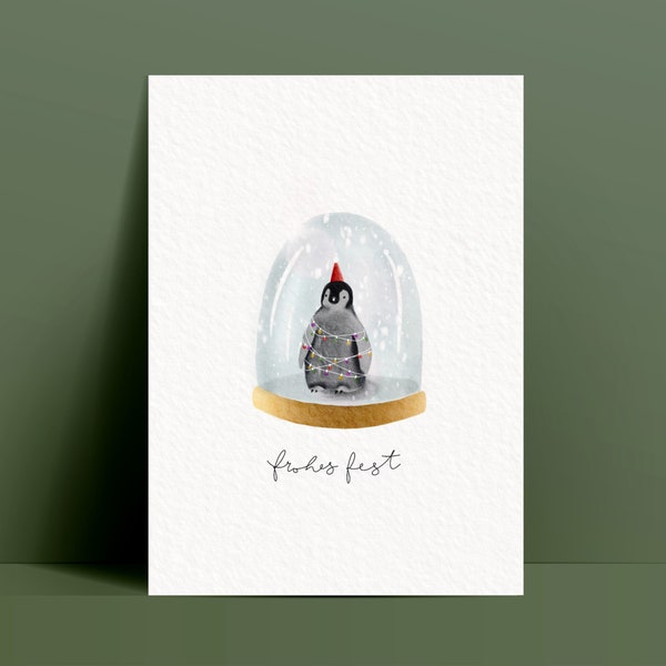 Weihnachtskarte Pinguin Schneekugel / Frohes Fest / nachhaltige Postkarte