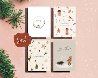 Weihnachtskarten Set / 4er Kartenset / modern, Aquarell, skandinavisch, natürlich / nachhaltige Weihnachtsgeschenke
