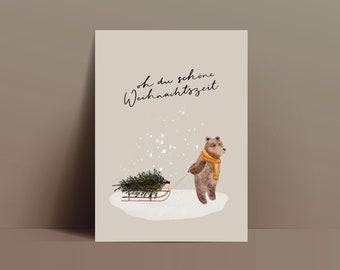 Weihnachtskarte Bär mit Weihnachtsbaum / Aquarell Lettering / Nachhaltige Postkarte Grußkarte