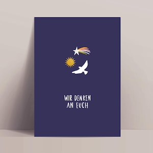Trauerkarte / Wir denken an euch / Beileidskarte Trauerfall / Sternschnuppe, Sonne, Taube / nachhaltige Karte A6