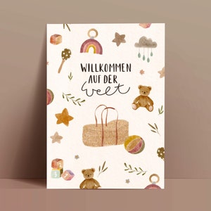 Birth card / baby watercolor welcome to the world / boho natural and gender neutral