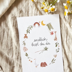 Geburtskarte / Karte für Baby genderneutral / Endlich bist du da / Aquarell, nachhaltig, Boho, Recyclingpapier Bild 2