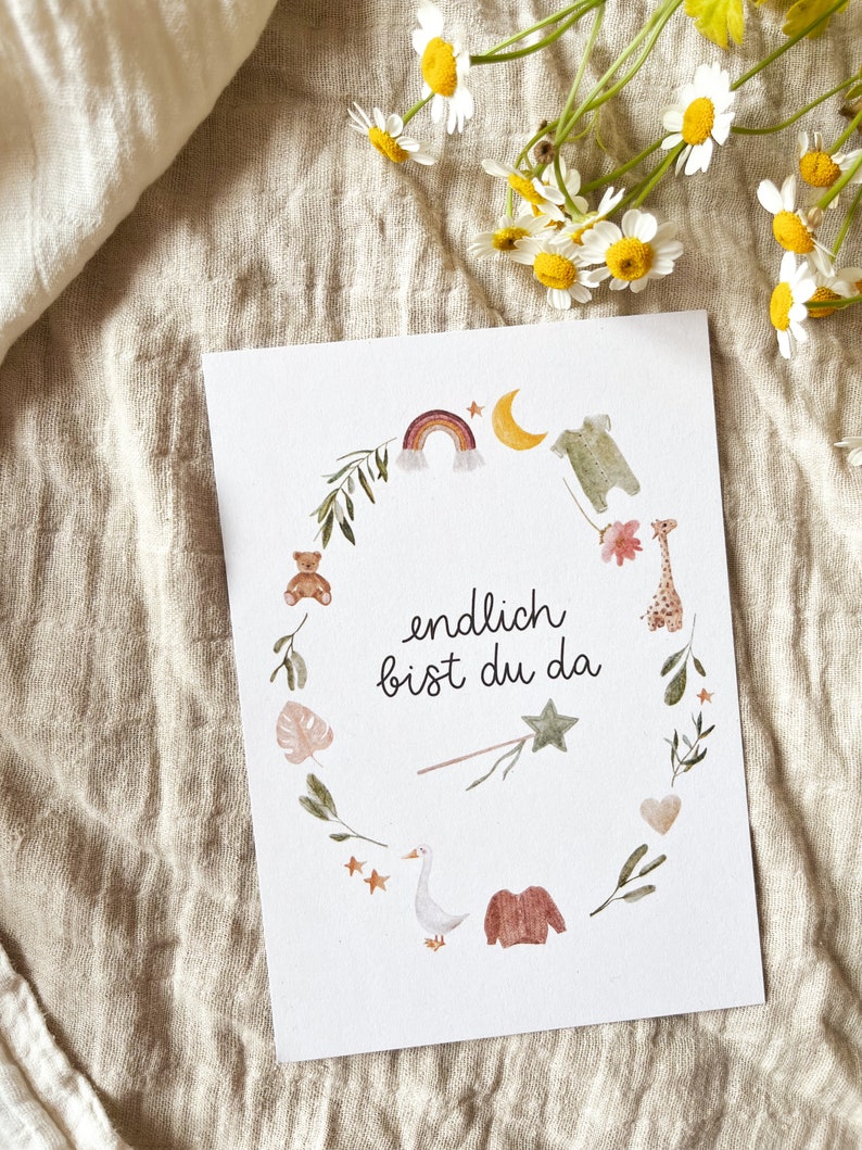 Geburtskarte / Karte für Baby genderneutral / Endlich bist du da / Aquarell, nachhaltig, Boho, Recyclingpapier Bild 2