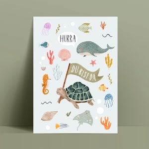 Karte zur Geburt / Baby Meerestiere Hurra du bist da / Wal, Schildkröte, Muscheln