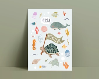 Birth announcement card / Baby Sea Animals Hurray you're here / Whale, Turtle, Shells