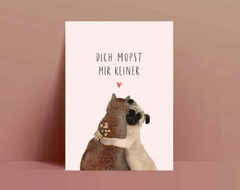 Karte zum Valentinstag / Liebe Freundschaft Katze Mops / Recyclingpapier