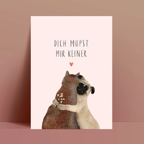 Karte zum Valentinstag / Liebe Freundschaft Katze Mops / Recyclingpapier