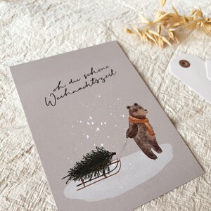 Weihnachtskarte Bär mit Weihnachtsbaum / Aquarell Lettering / Nachhaltige Postkarte Grußkarte Bild 3