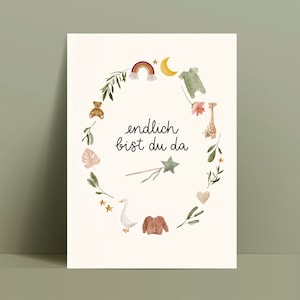 Geburtskarte / Karte für Baby genderneutral / Endlich bist du da / Aquarell, nachhaltig, Boho, Recyclingpapier Bild 1