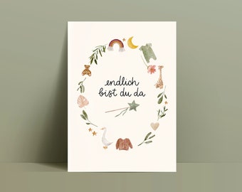 Geburtskarte / Karte für Baby genderneutral / Endlich bist du da / Aquarell, nachhaltig, Boho, Recyclingpapier