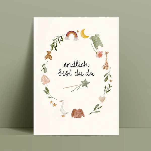 Geburtskarte / Karte für Baby genderneutral / Endlich bist du da / Aquarell, nachhaltig, Boho, Recyclingpapier