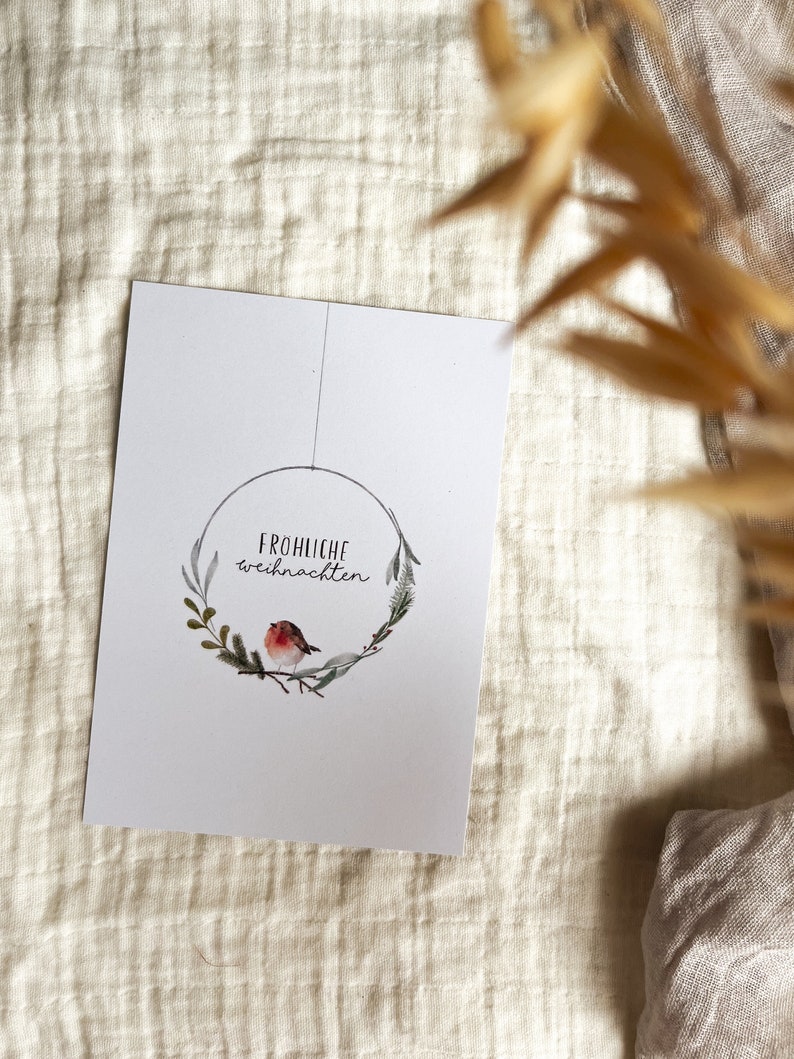 Weihnachtskarte Kranz Fröhliche Weihnachten Rotkehlchen / minimalistisch / Tannenzweig / Nachhaltige Postkarte Grußkarte Bild 2