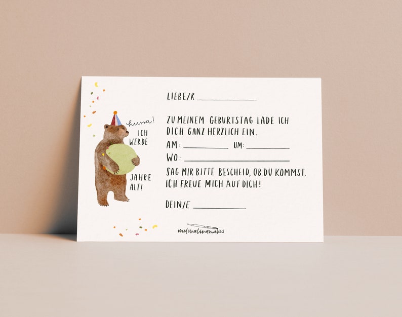 Einladung Kindergeburtstag / Karten Set Tiere Geburtstagsparty / natürliche Farben, nachhaltig, Recyclingpapier zdjęcie 2