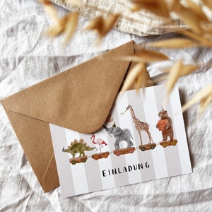 Einladung Kindergeburtstag / Karten Set Tiere Geburtstagsparty / natürliche Farben, nachhaltig, Recyclingpapier Bild 5