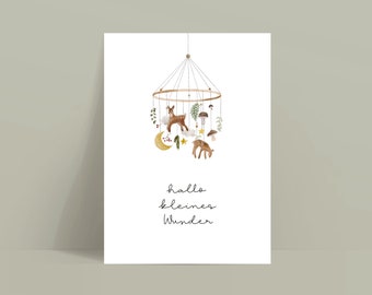 Birth card / baby forest animals mobile Hello little miracle / gender neutral