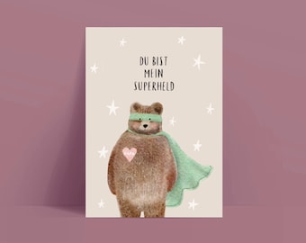 Karte Vatertag / Papa Du bist mein Superheld / Bär / Recyclingpapier