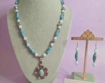 Upcycled Vintage Robins Egg Blue Confetti Glass Beaded Jewelry Set, Handmade | Necklace + Earrings