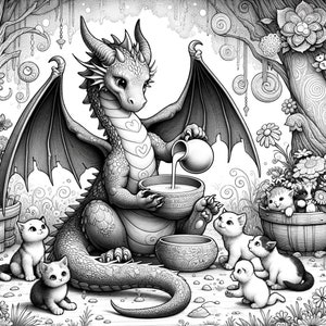 May include: A black and white illustration of a dragon pouring milk into a bowl for a group of kittens. The dragon has wings and a long tail. The kittens are sitting around the bowl, looking up at the dragon.
