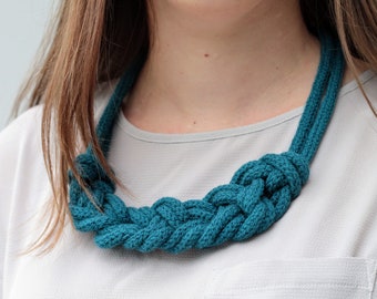 Chunky Knit Bright Blue Necklace / I-Cord Hand Knitted Necklace / Gift For Her / Soft Wool Necklace / Knotted Bright Statement Necklace