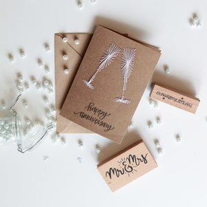 Tarjeta de aniversario feliz hecha a mano / copas de champán tarjeta de aniversario / celebración Kraft tarjeta / amor / romántico / boda / marido y esposa
