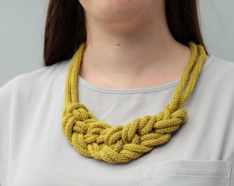 Chunky Knit Lime Green Necklace / I-Cord Hand Knitted Necklace / Gift For Her / Soft Wool Necklace / Knotted Muted Statement Necklace