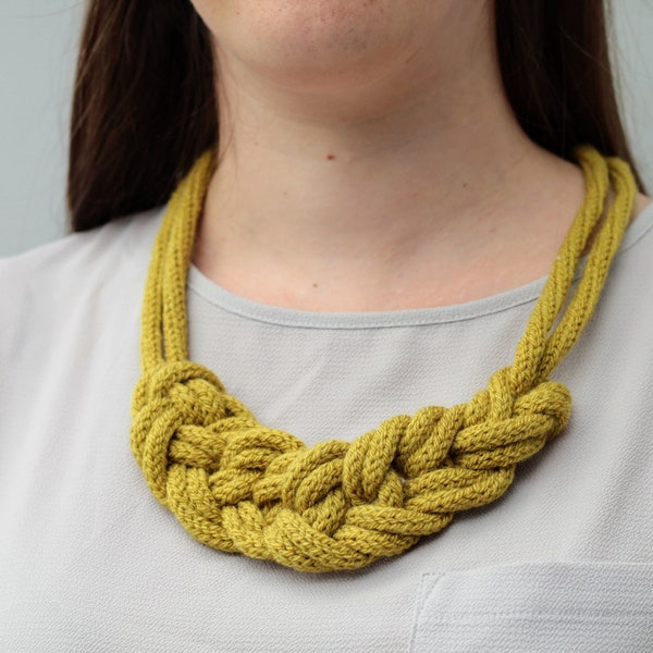 Chunky Knit Lime Green Necklace / I-Cord Hand Knitted Necklace / Gift For Her / Soft Wool Necklace / Knotted Muted Statement Necklace