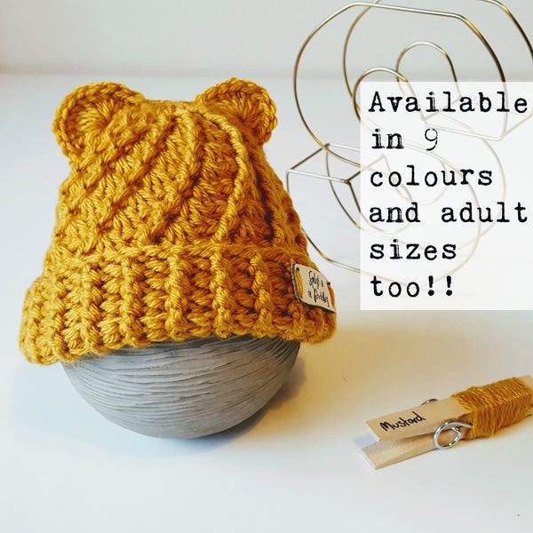 Children's Winter Handmade Bear Ears Woolly Hat / Crochet Hat / Kids Hat with Ears / Beanie Style Hat / Wooly Hat with Ears / Wool Hat