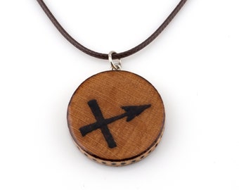 Collar colgante Sagitario Zodiac Sign Fire Element, arte de pirografía de leña hecho a mano, joyería rústica Boho, regalo ecológico para ella