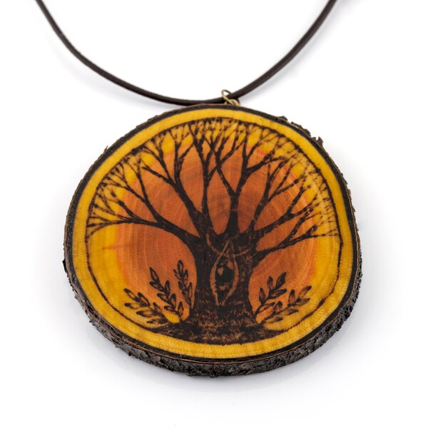 Tree of Life Eye pendant necklace, Wood burning pyrography artwork, Elm wood live edge bark, Eco-friendly jewelry, Mystic gift for friend
