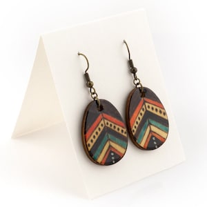 Tribal ethnic hippie lightweight wooden earrings, Freehand pyrography art, Handmade wood burning, Rustic jewelry, Eco-friendly unique gift